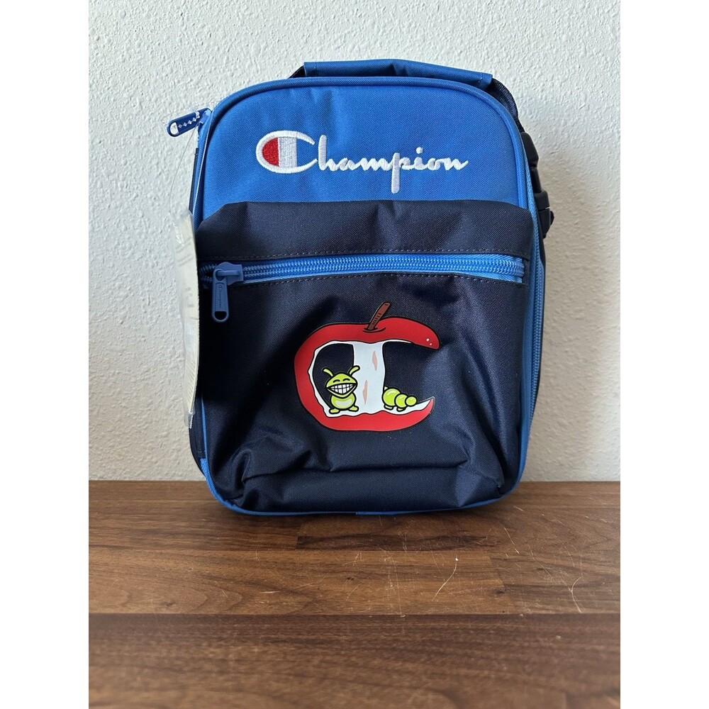 Champion Insulated Padded Lunch Tote Navy Blue W/ Pocket Apple & Worm NWT School
